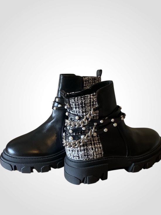 Nine West | Black Chain & Pearl-Embellished Ankle Boot | Punk Rock Boots NWOB - Picture 5 of 13